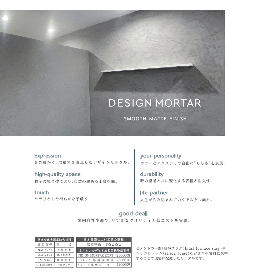 デザインモルタルKORTセット（粉体・混和剤・専用カラー・シーラー）畑中産業。コンクリート風仕上げ材、コルト。