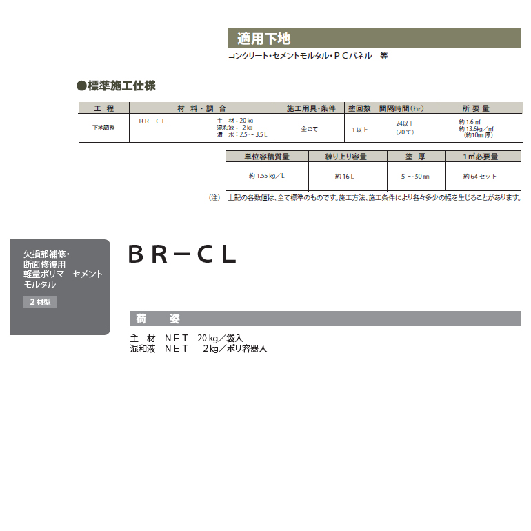 BR-CL（22kg／セット）菊水化学工業（日本スタッコ）一般建築物の内外装及びコンクリート構造物の補修に。コンクリート・モルタルの欠損部補修。