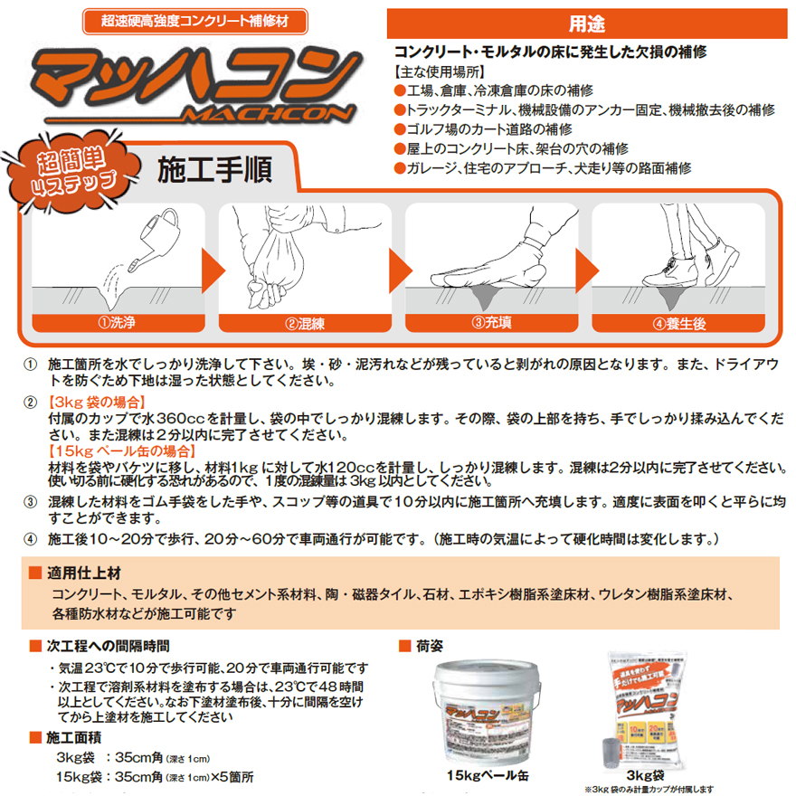 マッハコン（15kg／缶）コンクリート・モルタル床の欠損補修に。超速硬高強度コンクリート補修材、ヤブ原産業。