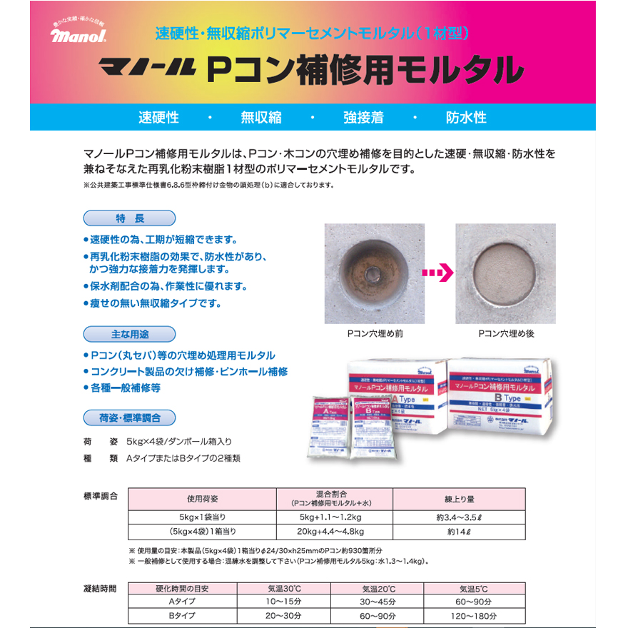 Pコン、木コンの穴埋めを目的とした粉末樹脂１材型の速硬性モルタル、Pコン補修用モルタル（Aタイプ・Bタイプ）20kg（5kg袋×4）/箱。株式会社マノール。