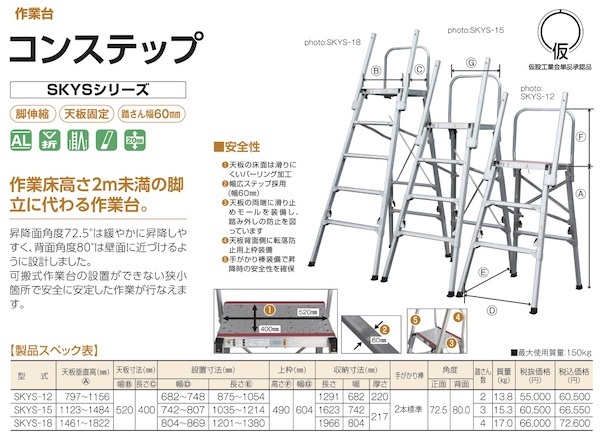 アルミ 伸縮 幅広 作業台 コンステップ SKYS-15 折り畳み 株式会社