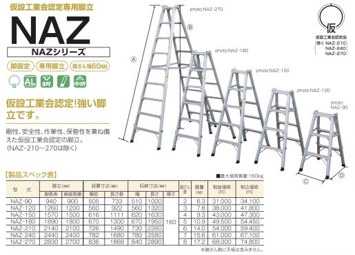 アルミ 仮設工業会認定専用脚立 NAZ-150 折り畳み 株式会社ナカオ-