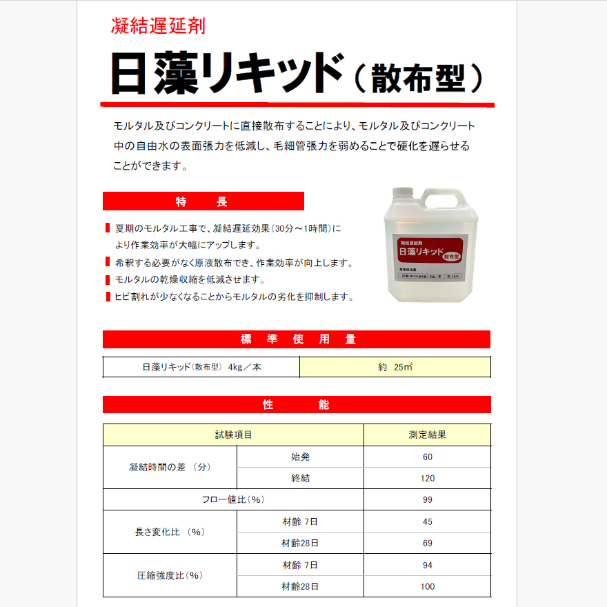 日藻リキッド、4kg×4本セット／箱（日藻工材株式会社）。モルタル工事の作業改善剤に。