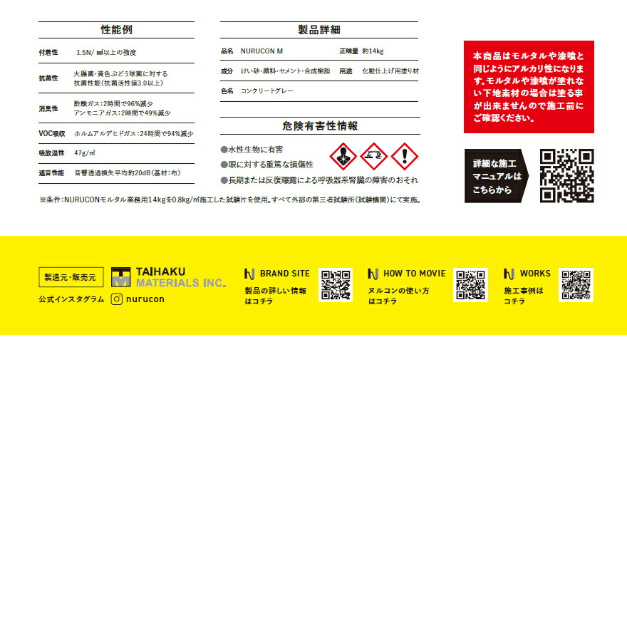 NURUCON・ヌルコンM（コテ塗り専用）モルタルプロ、業務用。14kg/缶、グレー。タイハクマテリアルズ。