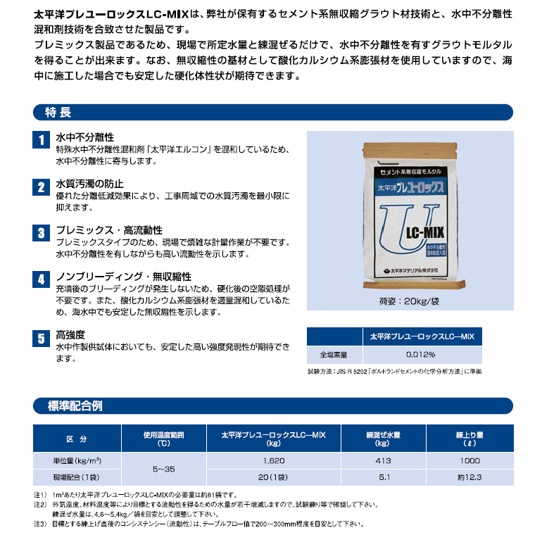 太平洋プレユーロックスLC-MIX 20kg／袋 セメント系無収縮材（水中不