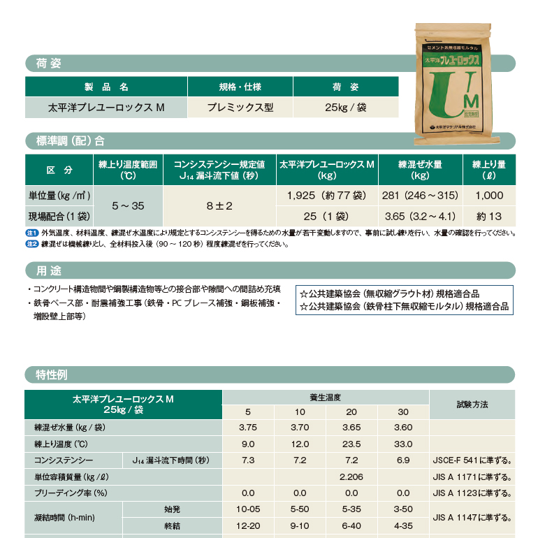 太平洋プレユーロックスM（25kg／袋）セメント系無収縮材（低発熱型）、太平洋マテリアル。