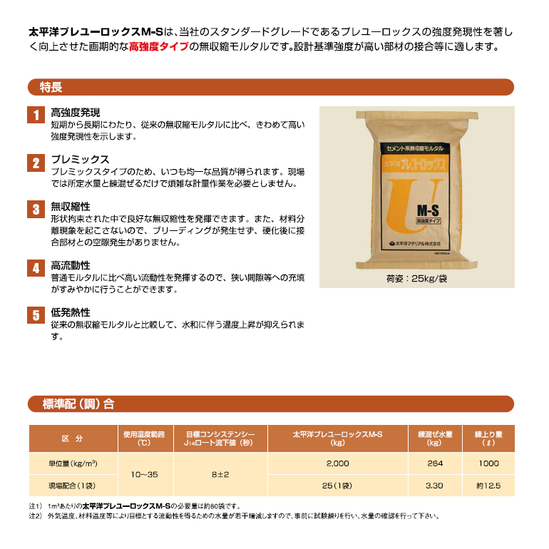 太平洋プレユーロックスM-S（25kg／袋）セメント系無収縮材（高強度型）、太平洋マテリアル。
