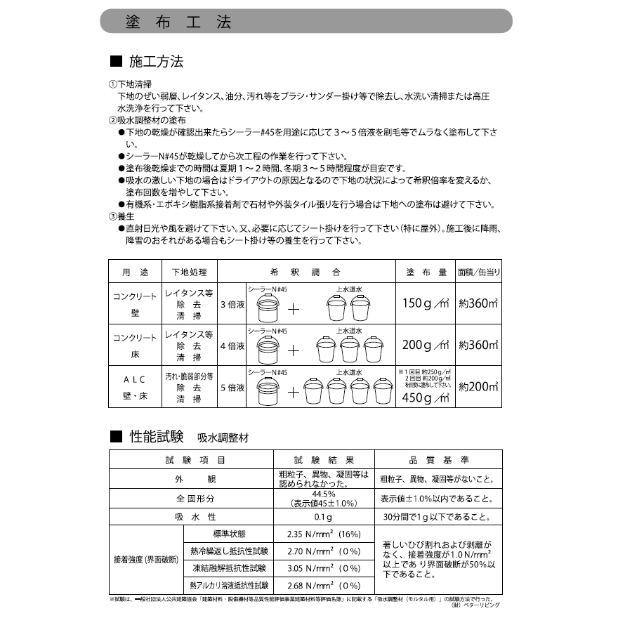 豊運、シーラーN#45。4kg／缶。吸水調整剤・シーラー・接着剤。塗布・混入・兼用型の高性能エチレン酢ビ共重合エマルジョンです。