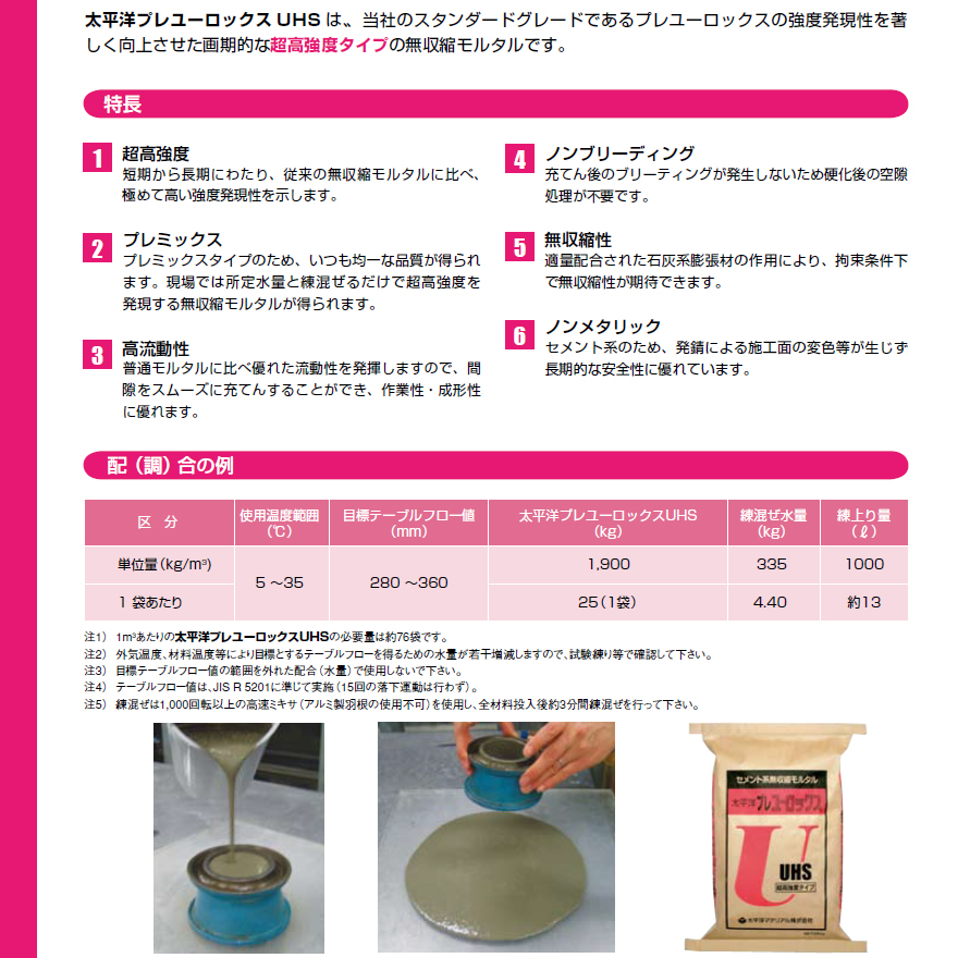 太平洋プレユーロックスUHS（25kg／袋）セメント系無収縮材（高強度型）、太平洋マテリアル株式会社。