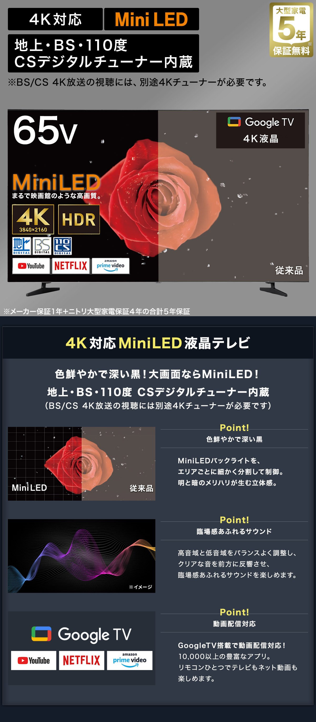 65型 4K対応 Mini LED 液晶テレビ (N65TB2UM2V ブラック)(リサイクル