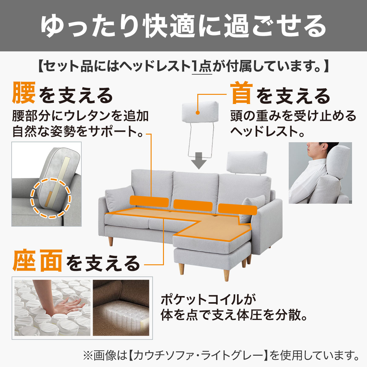 ニトリ（NITORI） カウチソファ + ヘッドレスト1個セット 布張りタイプ