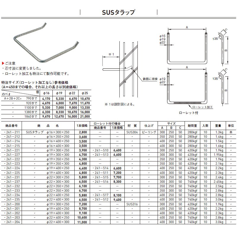 【在庫処分】 杉田エース 241-202 SUSタラップ φ19×400×300 1本 その他建築金具 - www.fundasen.com.ec