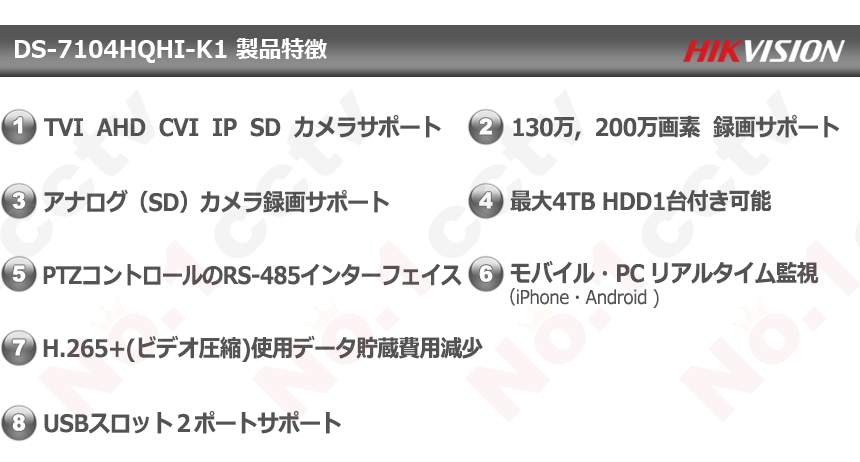 HIKVISION] [ハイブリッド 4CH] 防犯カメラ CCTV HD-TVI 4CH 録画機 2M