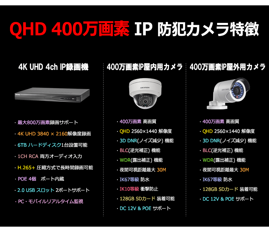 HIKVISION][IP-4M] 防犯カメラ 監視カメラ 屋外 屋内 QHD 4ch 4POE 4