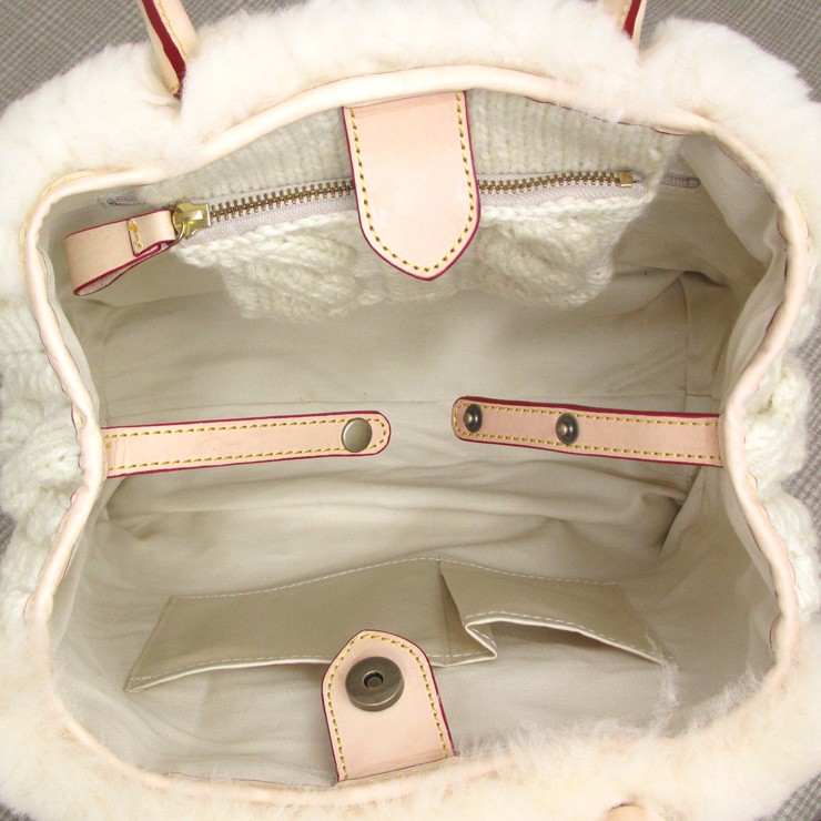 美品　muku ムートンバッグ　モンテローザ　アイボリー　手提げ　トート ムートンバッグ モンテローザ ムク ナチュラル ムートン＆ニットコンビ