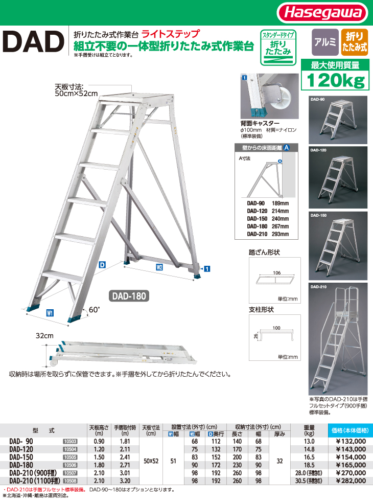 長谷川工業 ハセガワ 組立式作業台 DAD-180 天板高さ：1.80m 最大使用