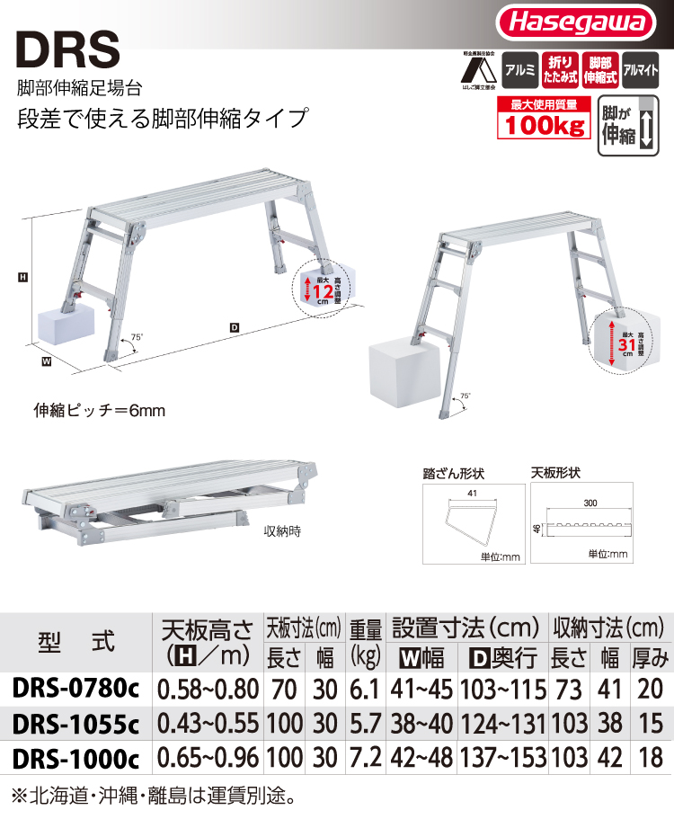 長谷川工業 脚伸縮足場台 DRS-1000c 天板高さ65cm〜96cm 天板100×30cm
