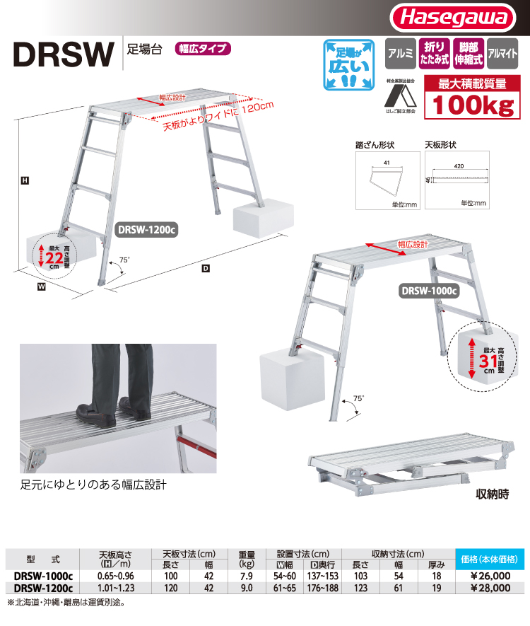 長谷川工業 脚伸縮足場台 DRSW-1000c 天板高さ：0.65〜0.96m 天板100 