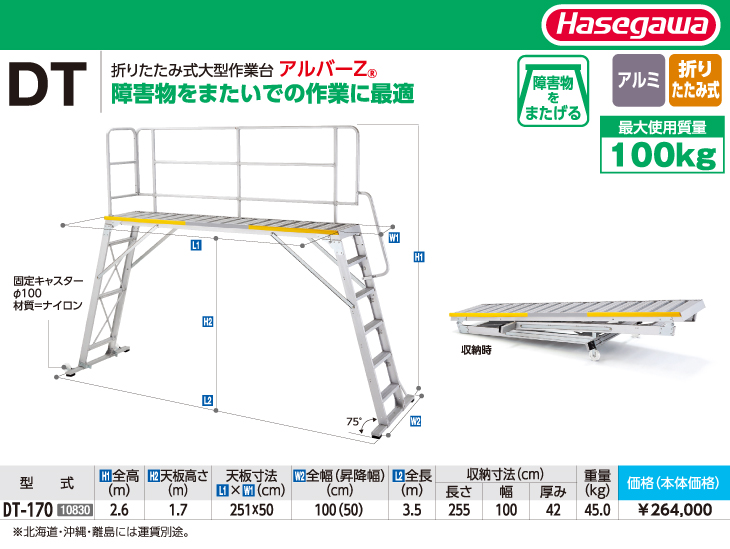 長谷川工業 ハセガワ 折りたたみ式大型作業台 DT-170 天板高さ：1.7m