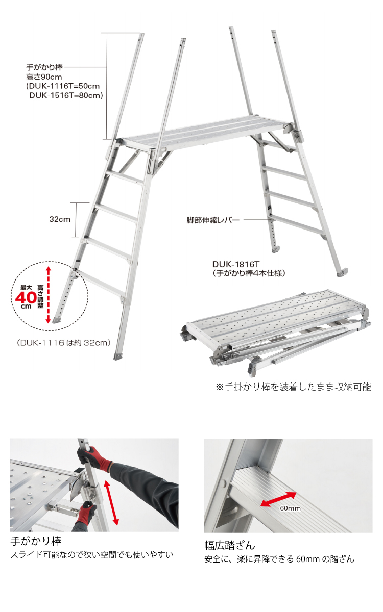 長谷川工業 可搬式作業台 DUK-1516T 4段 脚部伸縮式 手がかり4本＋