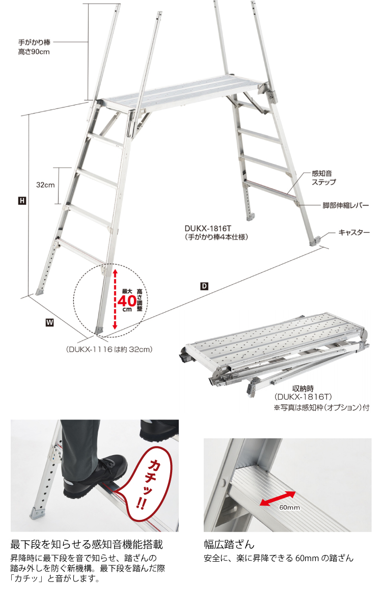 長谷川工業 可搬式作業台 DUKX-1816T 5段 脚部伸縮式 感知音ステップ付