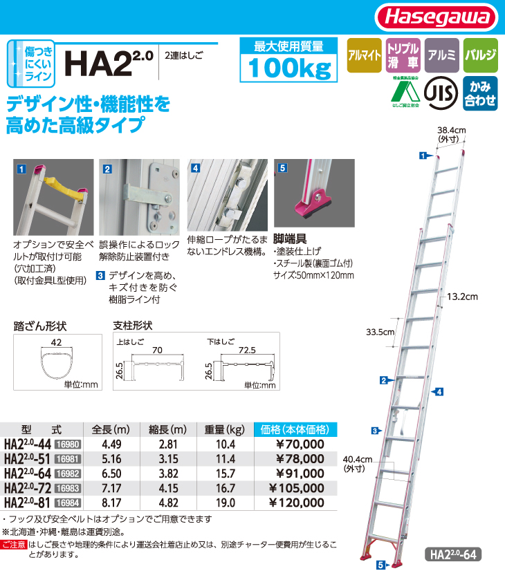 独特の上品独特の上品長谷川工業 ハセガワ 2連はしご HA2 2.0-44 全長