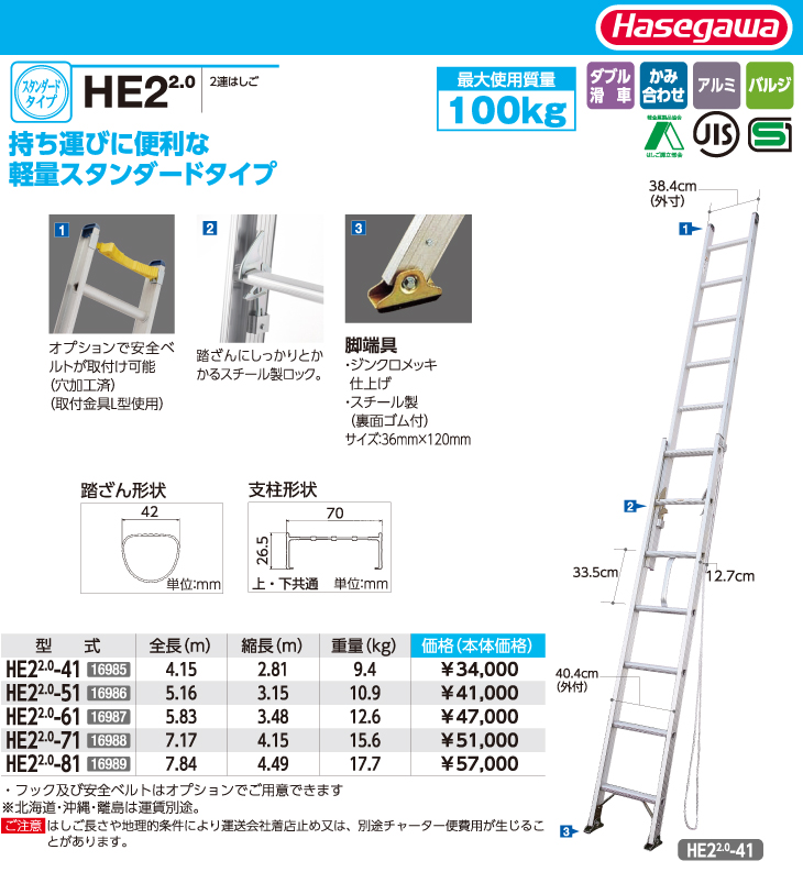 長谷川工業 2連はしご HE2 2.0-61 全長：5.83m 最大使用質量：100kg ハセガワ : t109-he2-2-0-61 :  はしごと脚立のノボッテ - 通販 - Yahoo!ショッピング