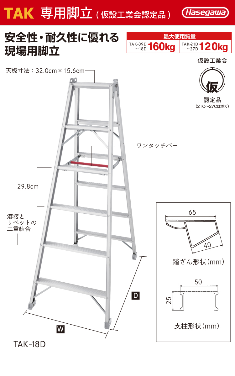 長谷川工業 専用脚立 TAK-18D 仮設工業認定品 6段 天板高さ