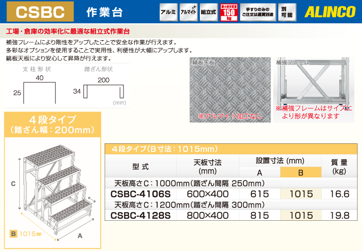 アルインコ 作業台 CSBC4128S 4段タイプ 天板高さ：1200mm 長さ：800mm