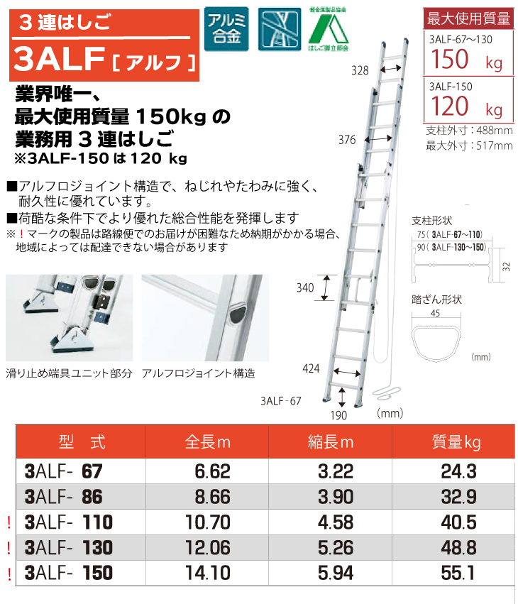 ピカ/Pica 3連はしご アルフ 3ALF-150 最大使用質量：120kg 全長：14.1