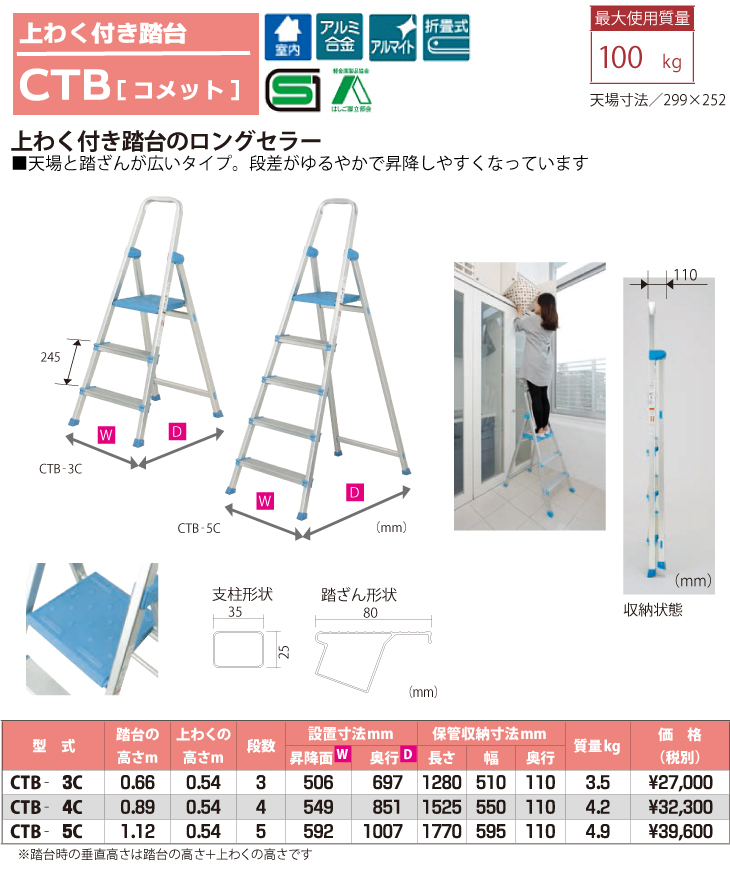 ピカ/Pica 上わく付き踏台　コメット CTB-5C 最大使用質量：100kg 段数：5