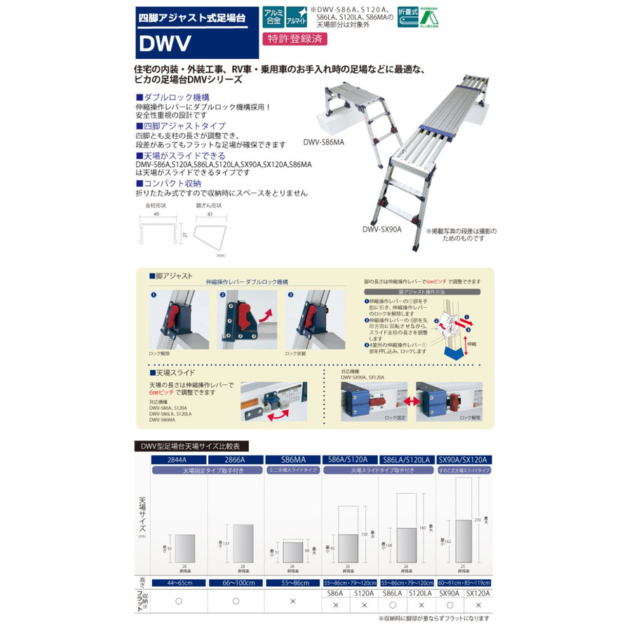 ピカ/Pica 四脚アジャスト式足場台 DWV-S86MA 最大使用質量：100kg 天