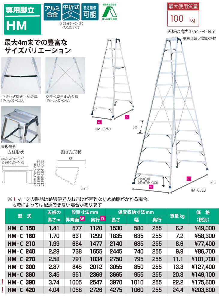 ピカ /Pica 専用脚立 HM-C360 最大使用質量：100kg 天板高さ：3.45m