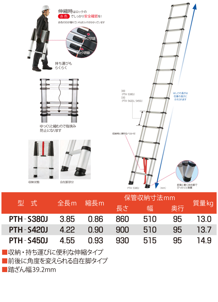 ピカ /Pica 伸縮はしご PTH-S450J 全長4.55m 縮長0.93m ソフトスライド