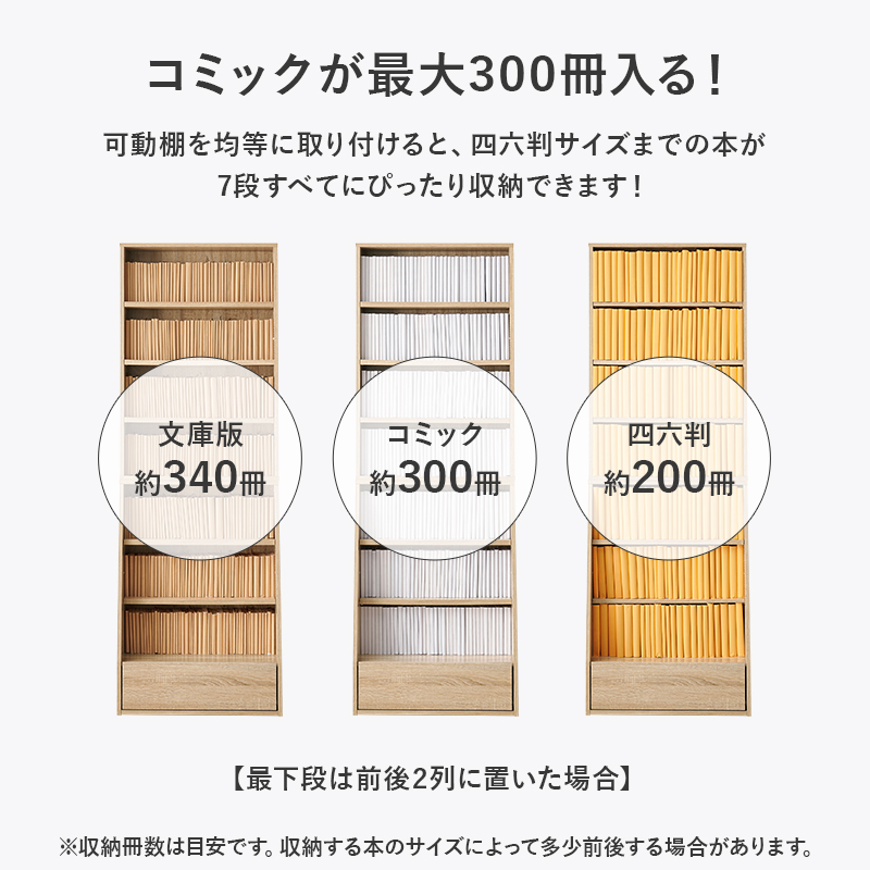 1cmピッチ可動棚 文庫本からA4サイズまで 引き出し付き 本棚 幅60 奥行