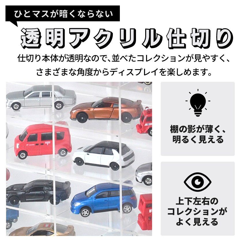 トミカ収納 ミニカー 収納棚 コレクション ケース uvカット アクリル フロントパネル付き アクリル格子 棚付き コレクションラック トミカケース 薄型 スリムの画像