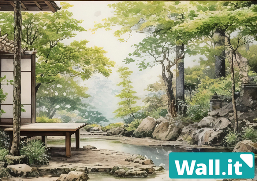 Wall.it A4 フィギュアディスプレイケース専用背面デザインシート 横向 日本庭園 夏 和式 和風 お屋敷 風景 池 新緑