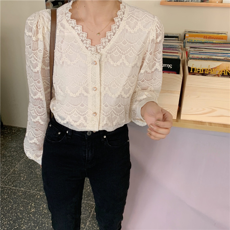 トップス レディース シャツ ブラウス レース フリル 長袖  可愛い 小花 プリント 春夏秋 レースブラウス レディース 長袖シャツ ハイネック フリル襟