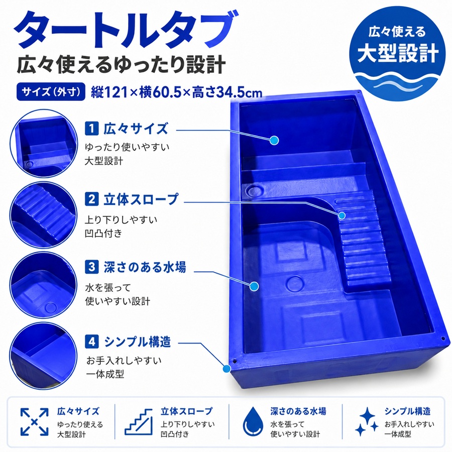 タートルタブ タートルタンク 【ブルー】 亀飼育ケース 1210×605
