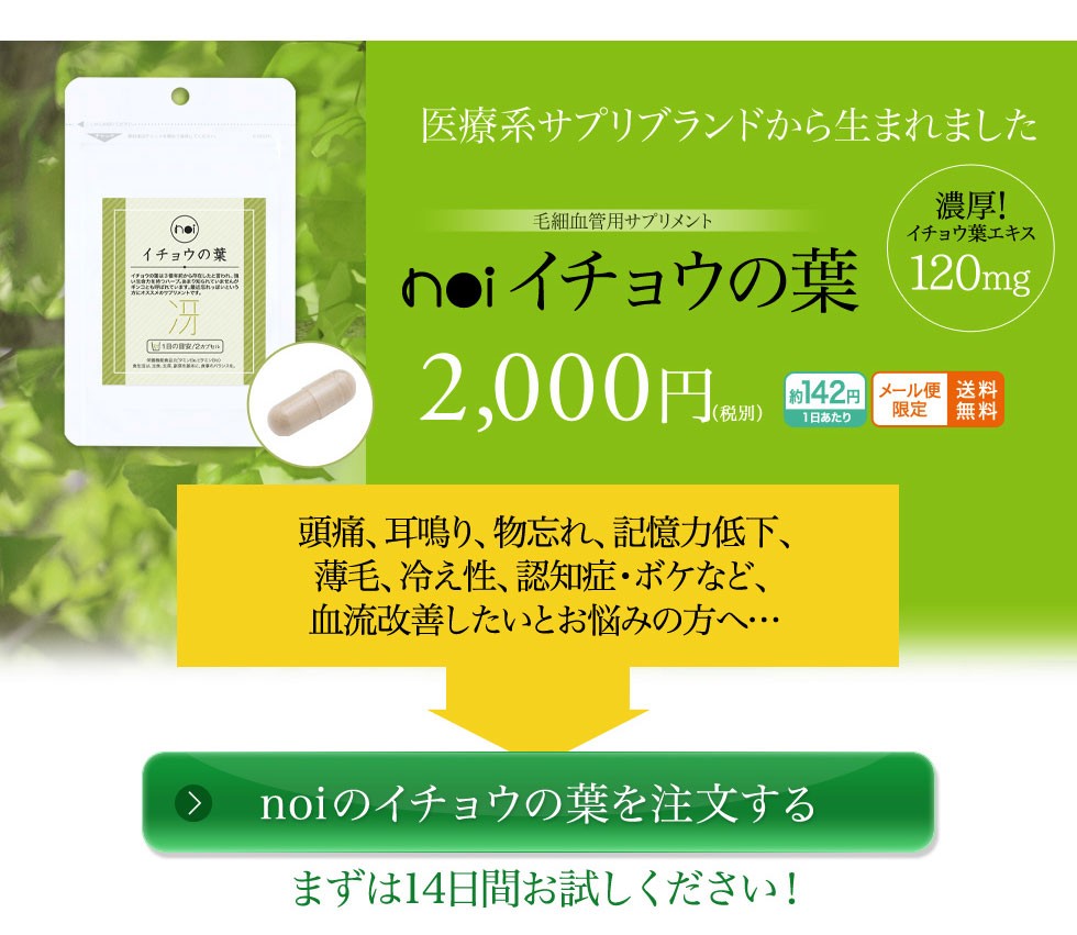 頭痛、耳鳴り、物忘れ、記憶力低下、薄毛、冷え性、認知症、ボケなど、血流改善したいとお悩みの方に、イチョウ葉サプリ