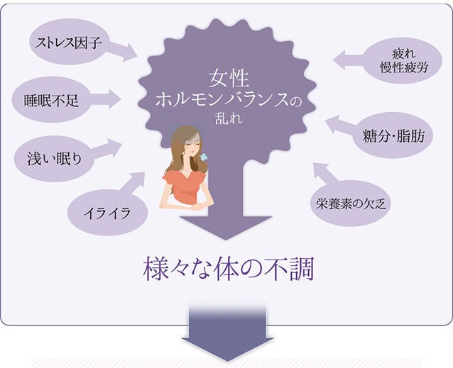 ストレス因子　睡眠不足　浅い眠り　イライラ　疲れ　慢性疲労　糖分　脂肪　栄養素の欠乏　様々な体の不調