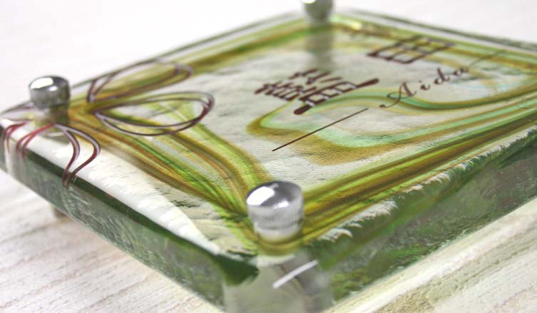 手作りガラス表札正方形１５０マーブルグリーン