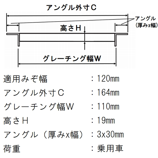 法山本店 グレーチング蓋 規格 適用みぞ幅120mm 外寸164mm 長さ995mm