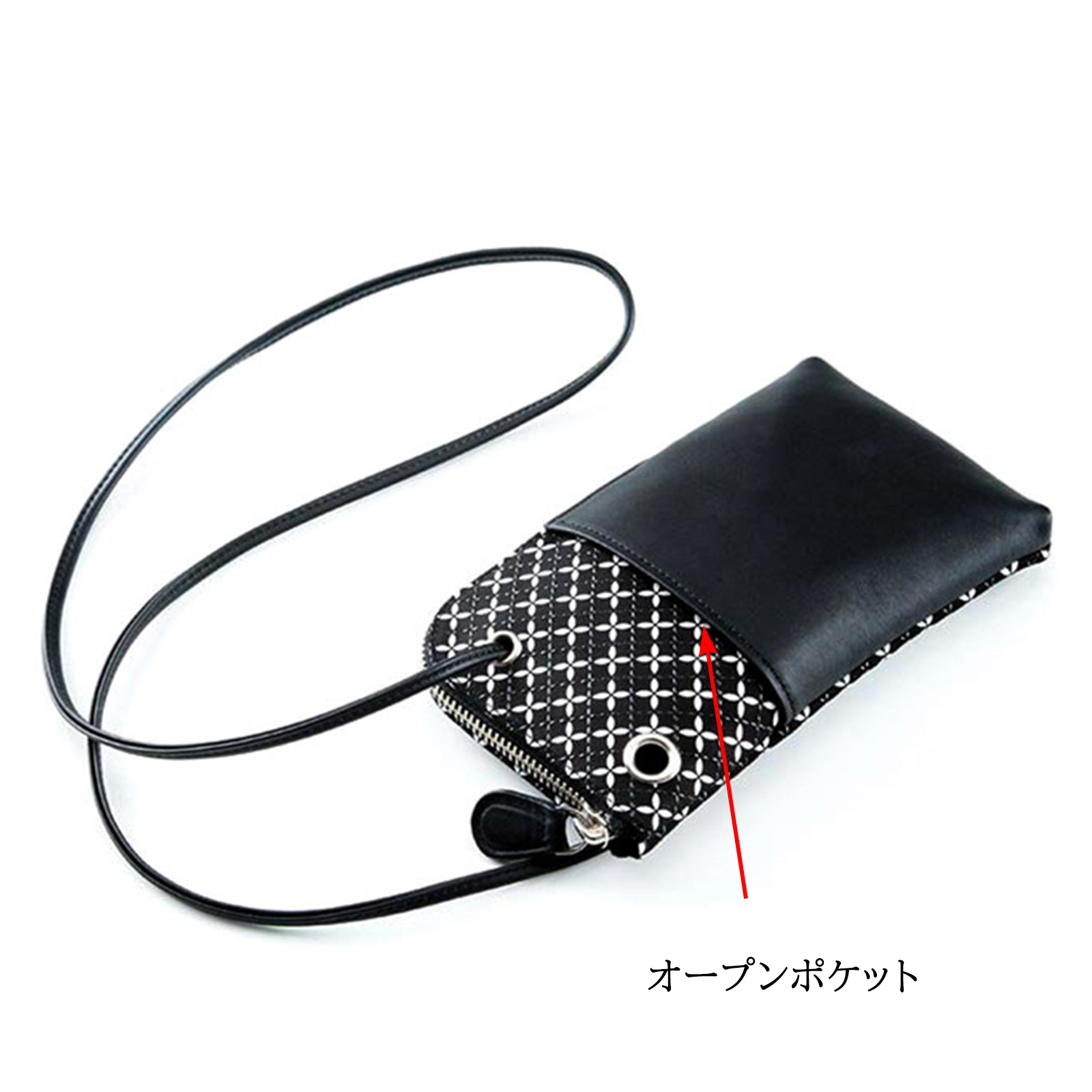 印傳屋（INDEN-YA） 印伝 スマホ ポシェット そよか 七宝 黒 ブラック