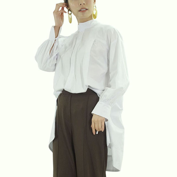 ビッグシルエット シャツ トップス レディース 長袖 リボン ハイネック スタンドカラー 綿 抜き衿
