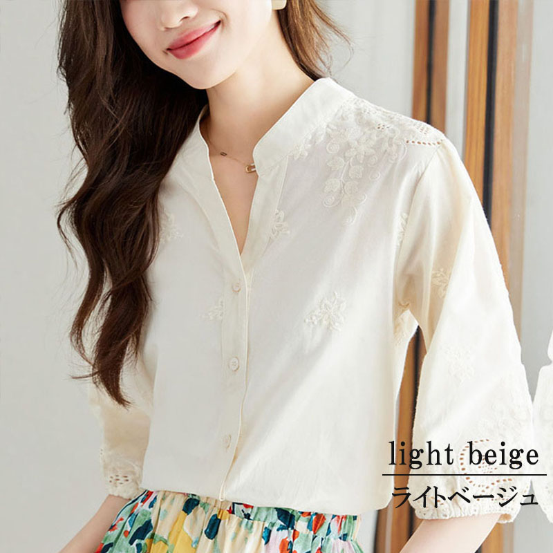 ブラウス 長袖 オフィス 刺繍 スタンドカラー ハイネック レース ししゅう 立ち襟 |  | 02