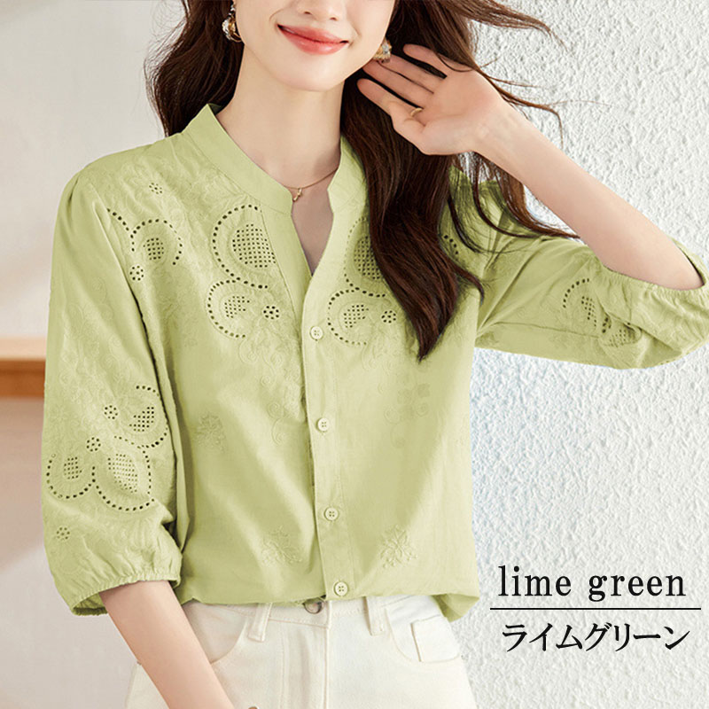 ブラウス 長袖 オフィス 刺繍 スタンドカラー ハイネック レース ししゅう 立ち襟 |  | 03