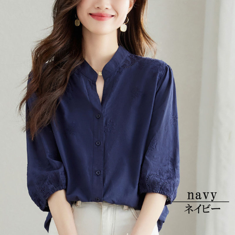 ブラウス 長袖 オフィス 刺繍 スタンドカラー ハイネック レース ししゅう 立ち襟 |  | 05