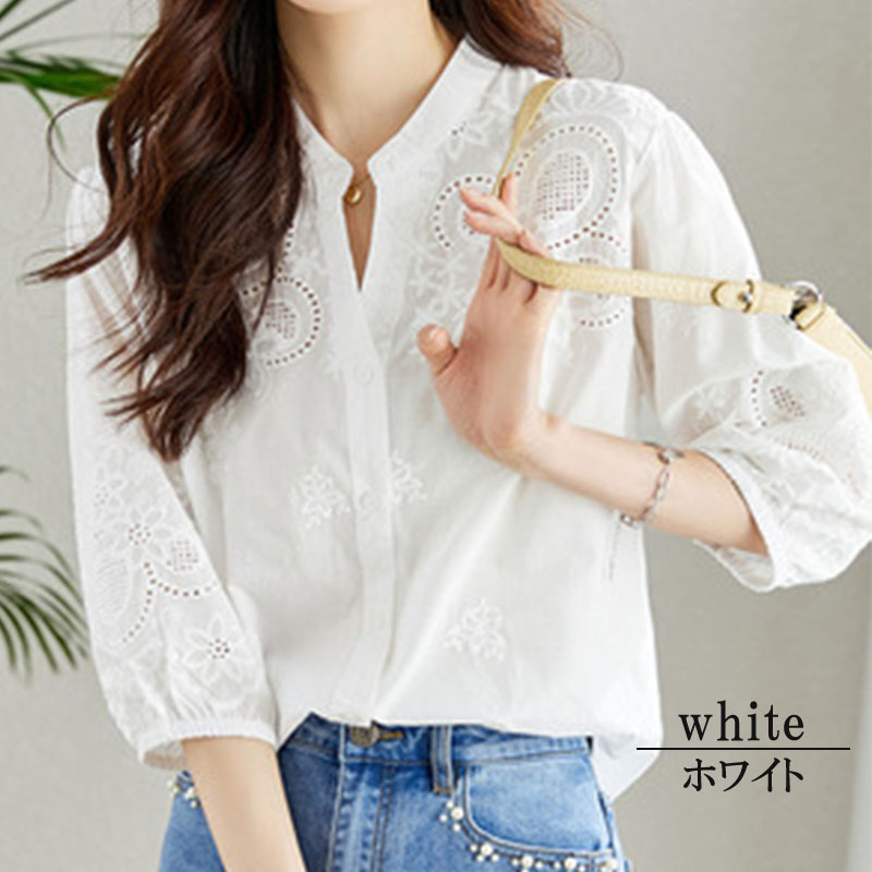 ブラウス 長袖 オフィス 刺繍 スタンドカラー ハイネック レース ししゅう 立ち襟 |  | 01