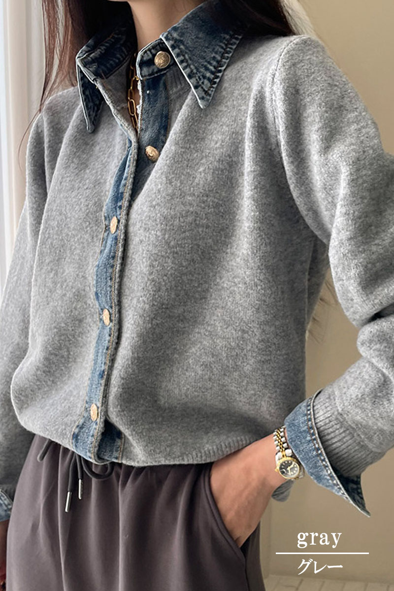 レイヤード風 デニム ニット カーディガン ドッキング シャツ 襟付き カジュアル 重ね着風 デニム切替 レディース 配色 ニットカーディガン 長袖 |  | 16